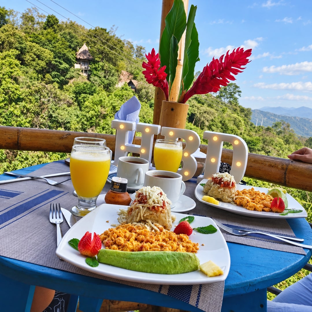 Desayuno junto al balcón con vista al bosque